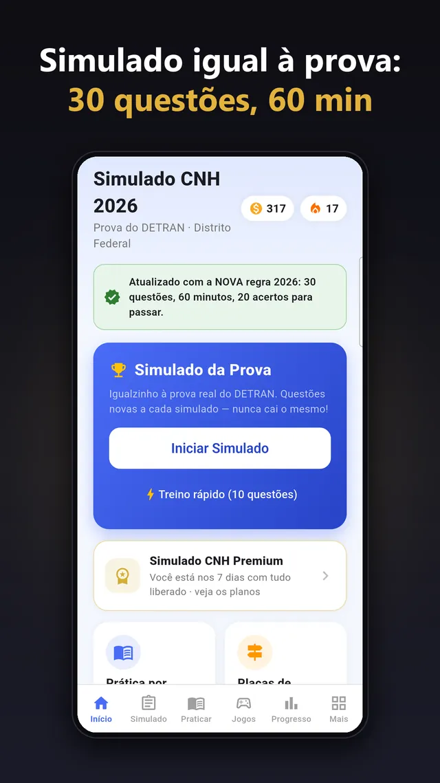 Tela inicial do app Simulado CNH 2026 com o botão Iniciar Simulado